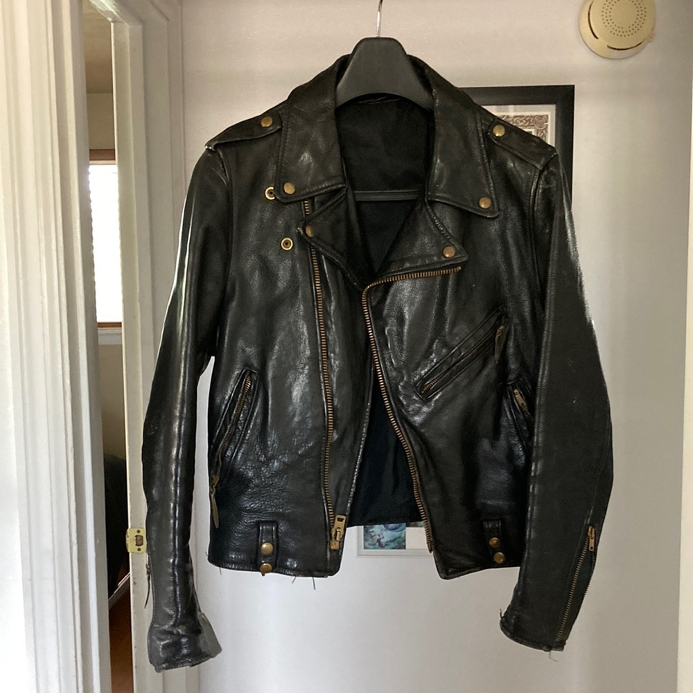Mens Black Leather Classic Motorcycle Jacket Size Small